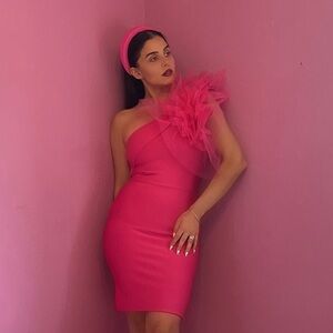 Stylish Fuchsia Stretch Dress with Handcrafted Tulle Details.